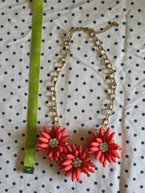 Gold Chain Red/Coral Floral Statement Necklace